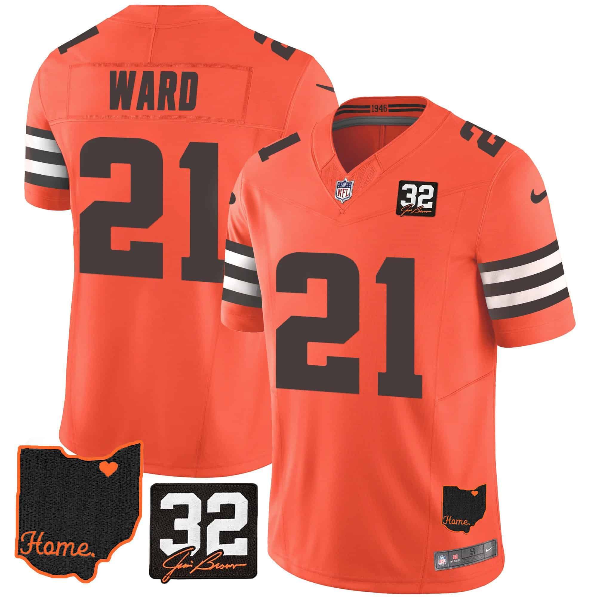 Men Cleveland Browns #21 Ward Orange Memorial Home Patch 2024 Nike NFL Jersey
